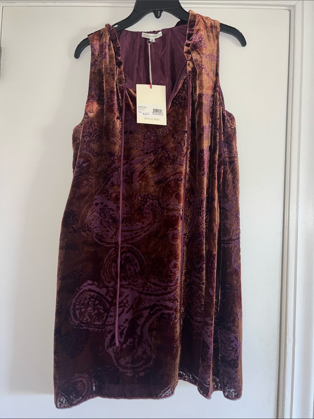 Johnny Was Velvet Paisley Shift Dress in Plum and Burnt Orange